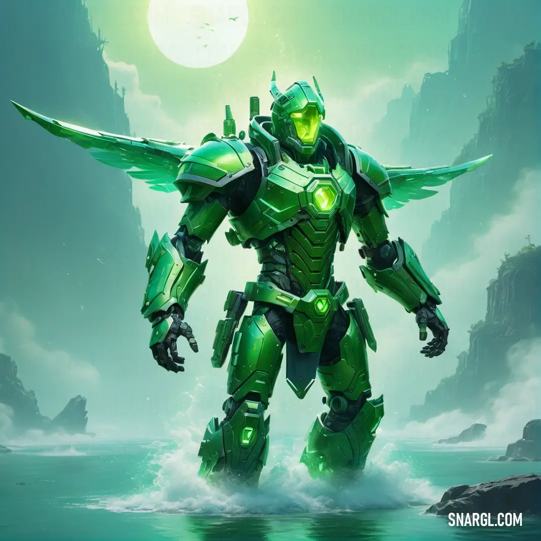 Green robot standing in the water with wings outstretched in front of a full moon sky and a mountain. Color #19993B.