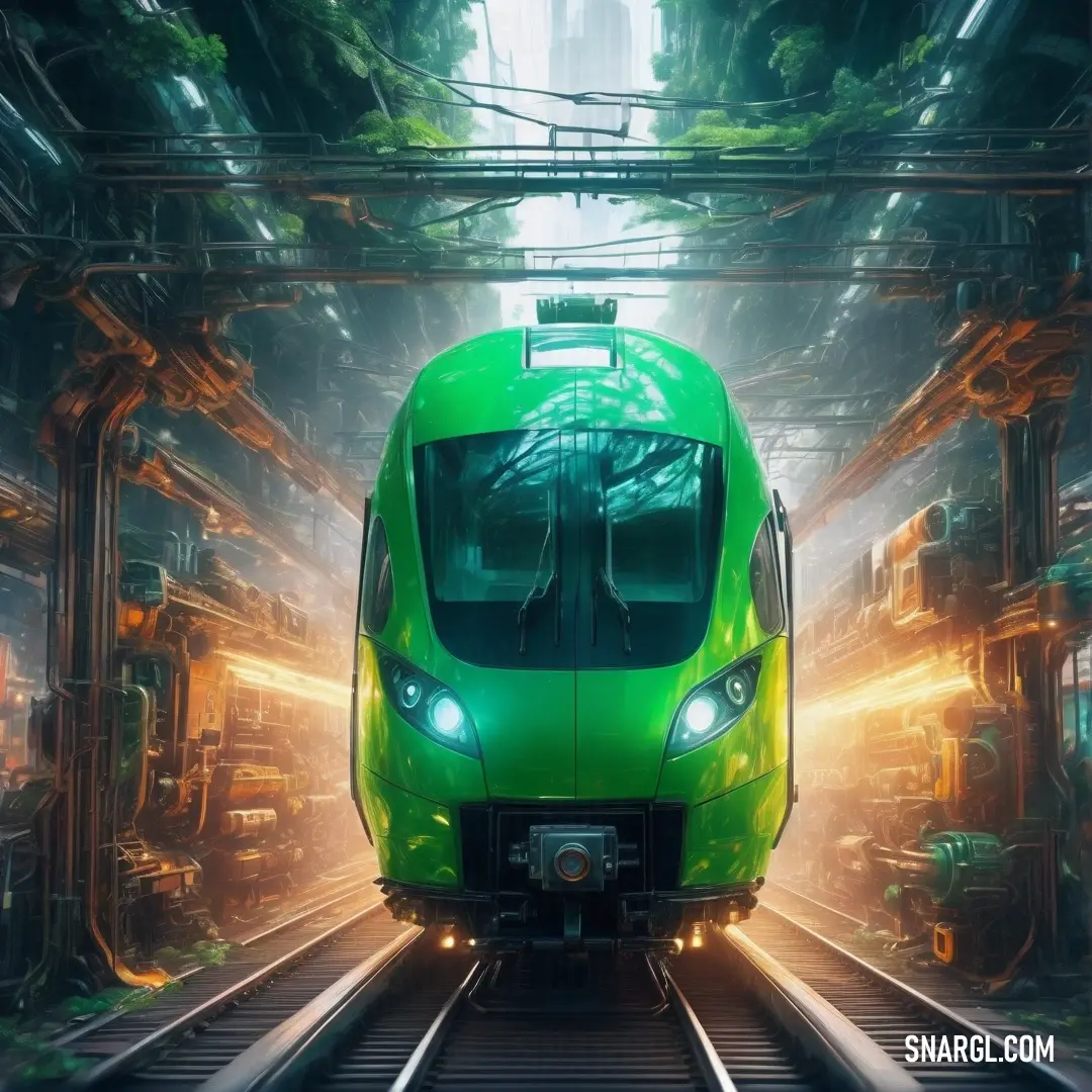 Green train is on the tracks in a tunnel with trees and lights on it's sides and a green light shining on the front of the train