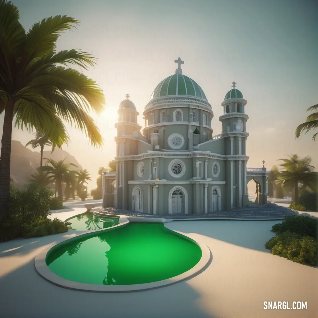 Large church with a green pool in front of it and palm trees around it in the background. Example of RGB 25,153,59 color.
