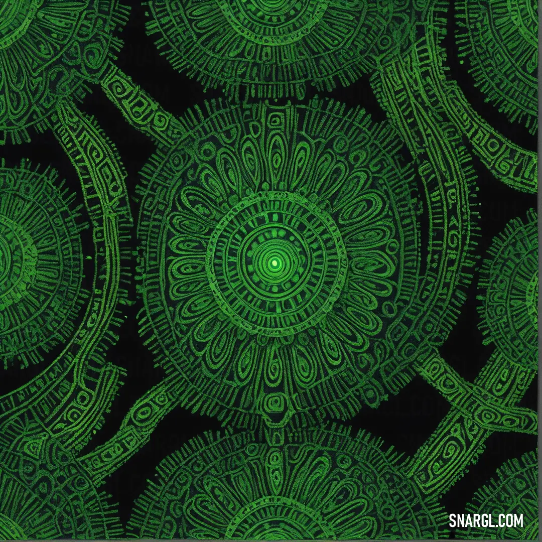 PANTONE 2273 color. Green and black background with a circular design on it's side and a green center in the middle