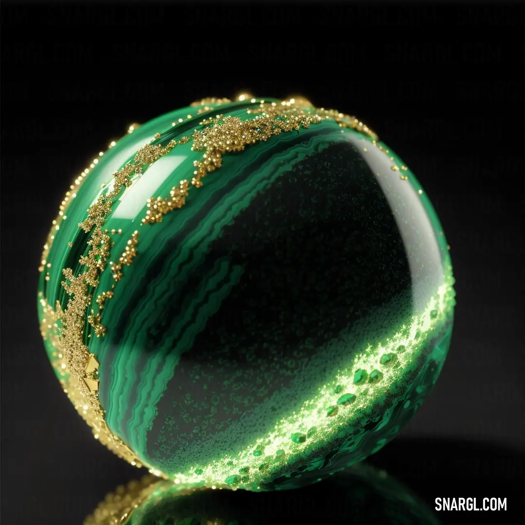 #25732D color example: Green marble with gold glitters on it's surface and a black background
