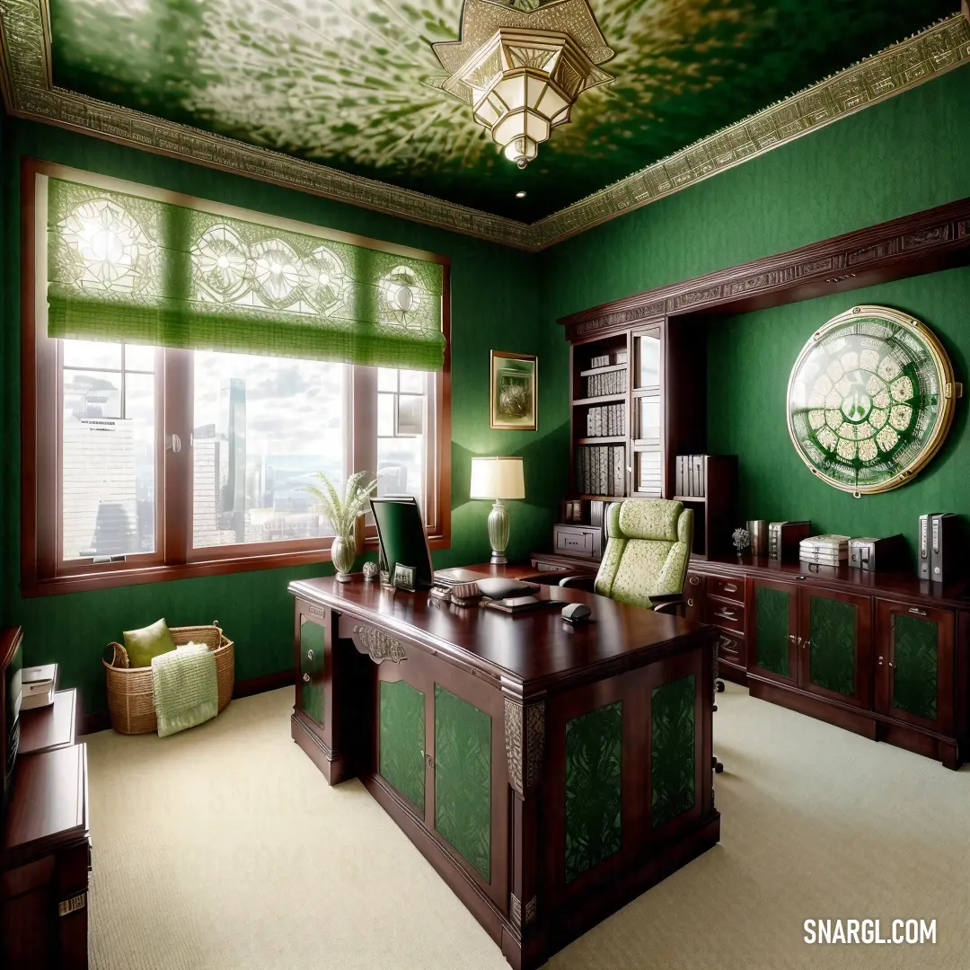 Large office with a green wall and a ceiling painted with a painting of a flower pattern and a chandelier. Color #25732D.
