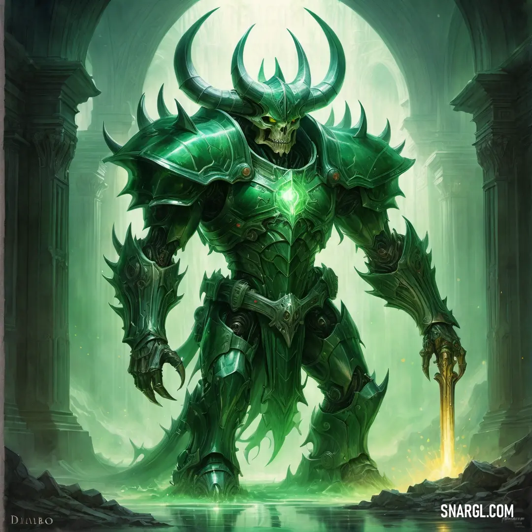 Painting of a demon with a green helmet and a sword in his hand. Color RGB 37,115,45.
