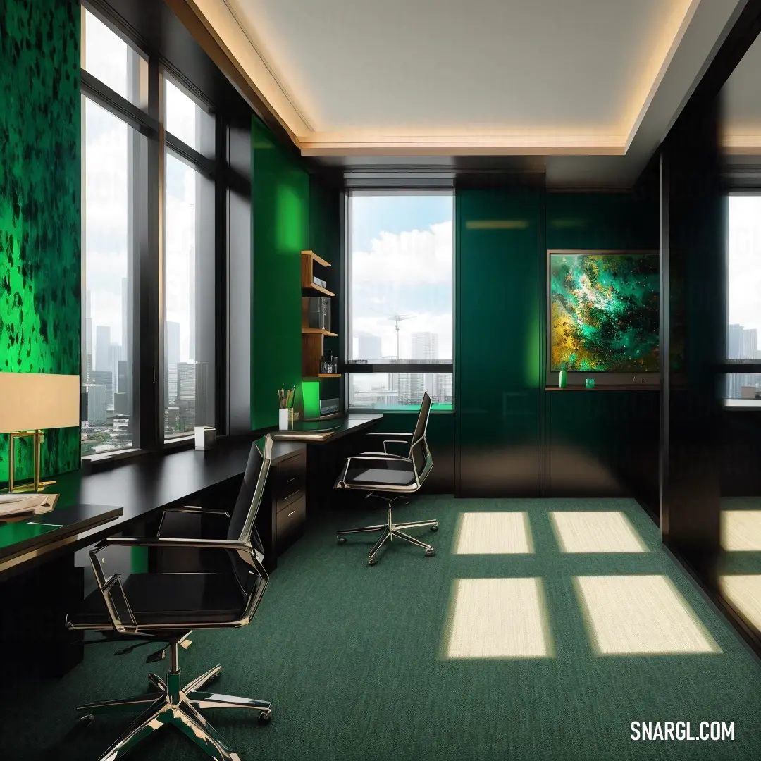 CMYK 84,0,100,39. Room with a green wall and a green carpet and a chair and desk with a large window