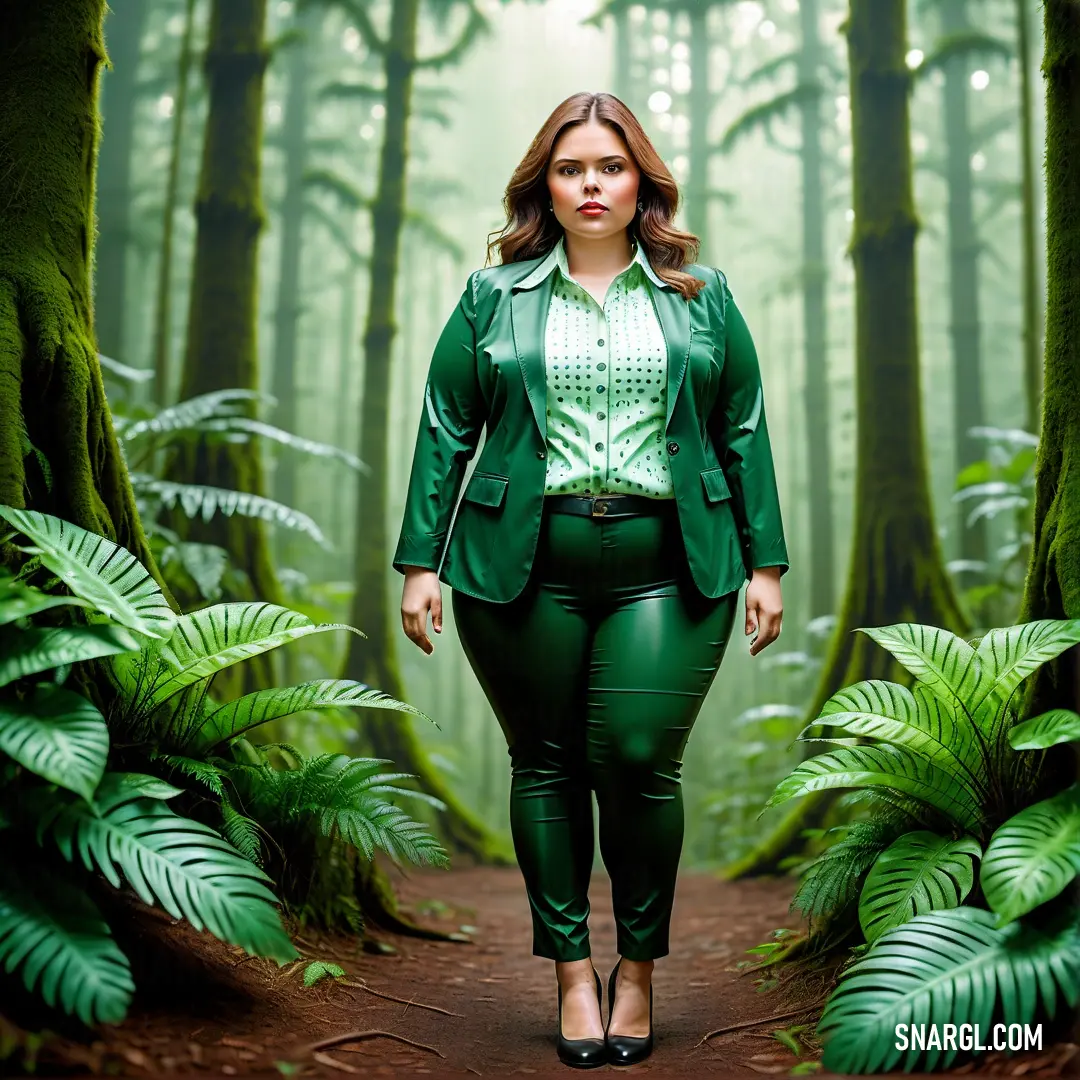 Woman in a green suit walking through a forest with ferns and trees on the ground and a path. Example of RGB 37,115,45 color.
