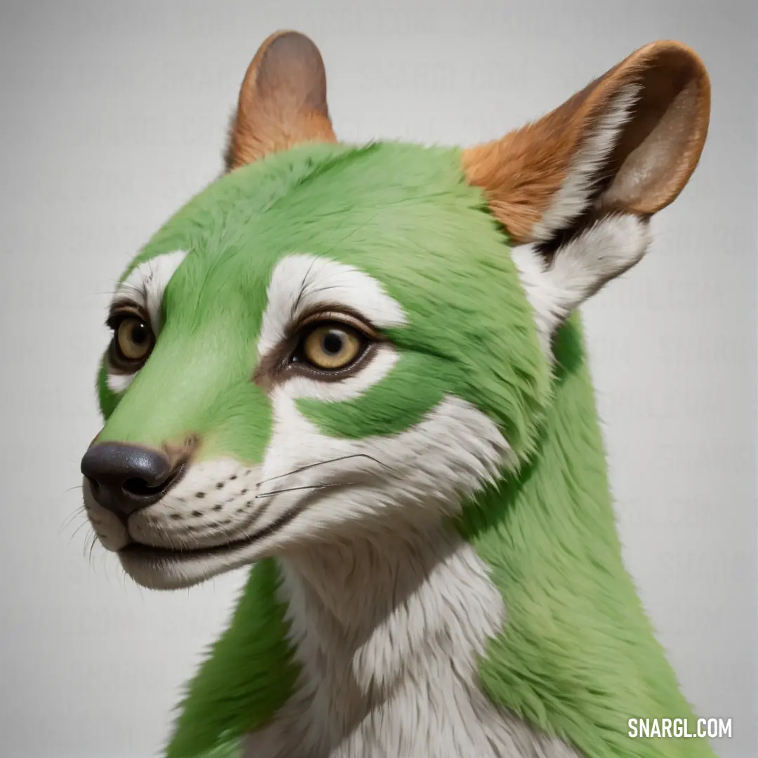 PANTONE 2276 color example: Green and white animal with a brown nose and ears and a white background