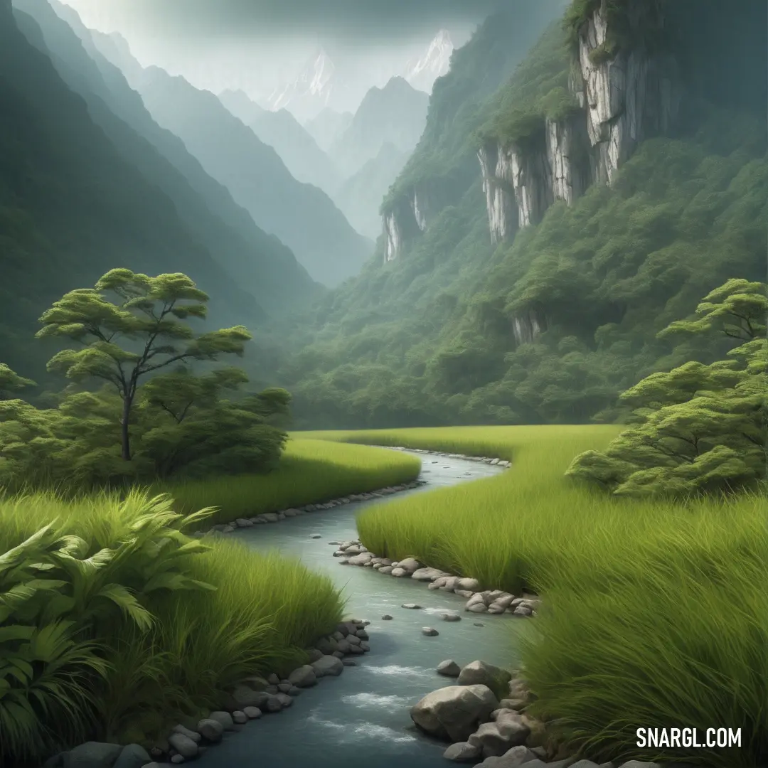 Painting of a river running through a lush green valley with mountains in the background. Example of PANTONE 2276 color.