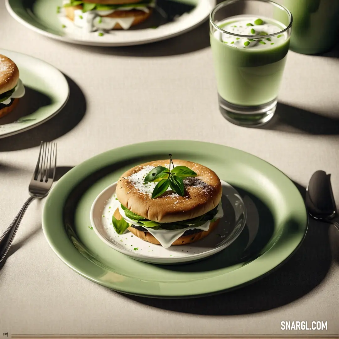 Plate with a sandwich on it next to a glass of milk and a fork and knife on a table. Color PANTONE 2276.