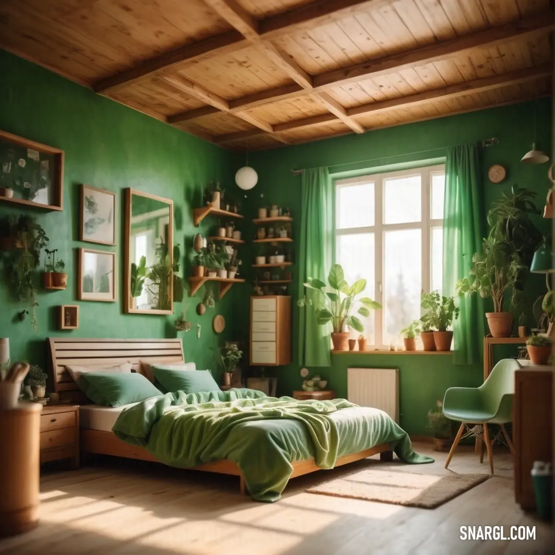 Bedroom with green walls and a bed with green sheets and pillows and a green chair and a window. Color RGB 89,148,60.