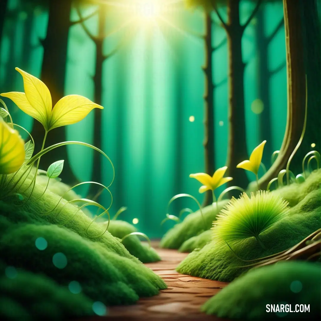 PANTONE 2277 color. Green forest with a path leading to a bright light in the middle of the forest