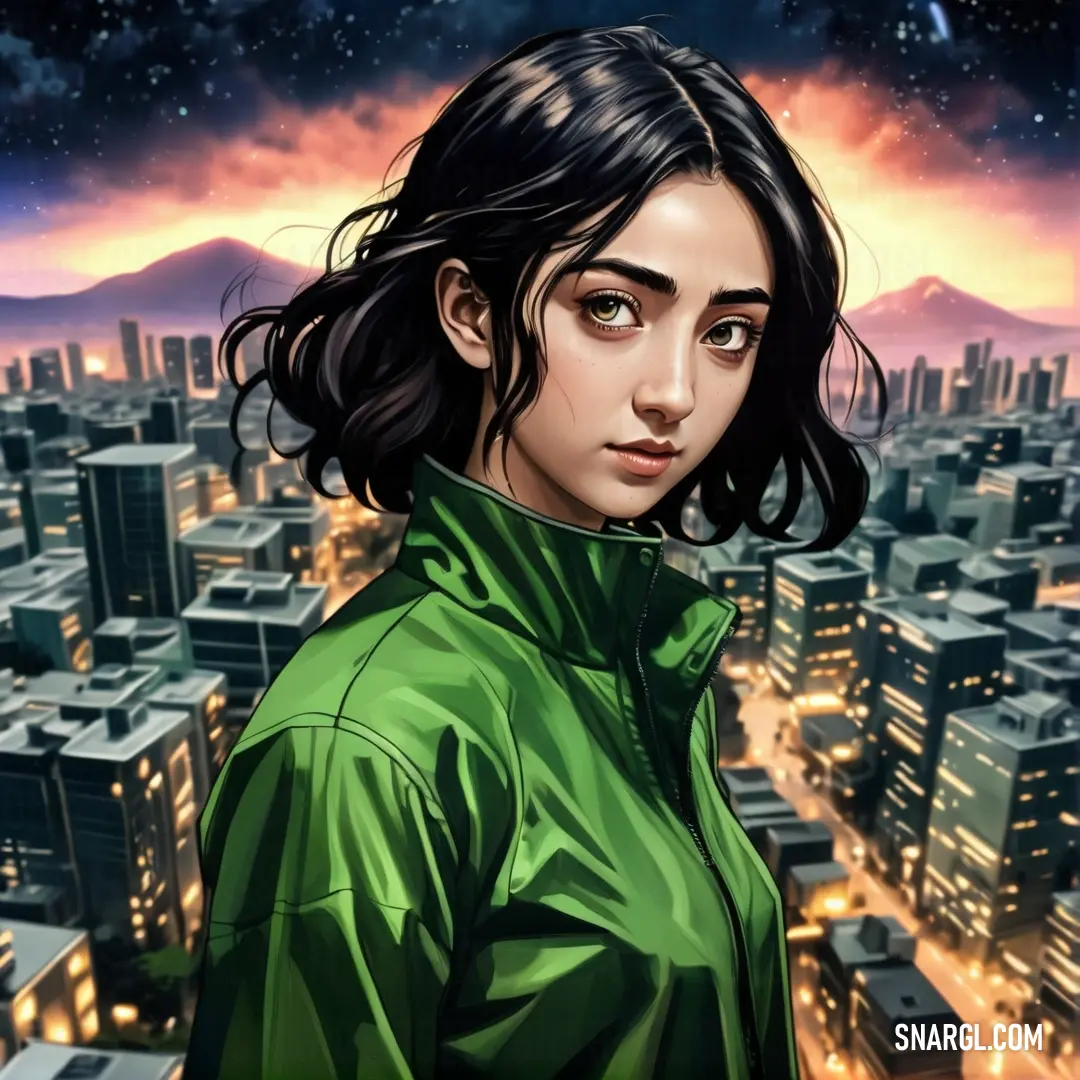 Woman in a green jacket standing in front of a cityscape at night with a sky full of stars. Color RGB 89,148,60.
