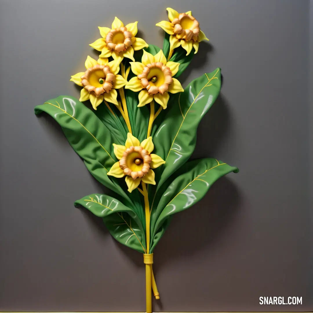 Bunch of yellow flowers are on a green plant stem with leaves and stems on a gray background. Color PANTONE 2278.