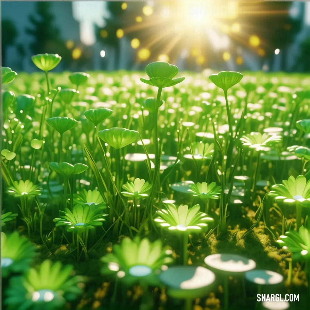 PANTONE 2278 color. Field of green flowers with the sun shining in the background