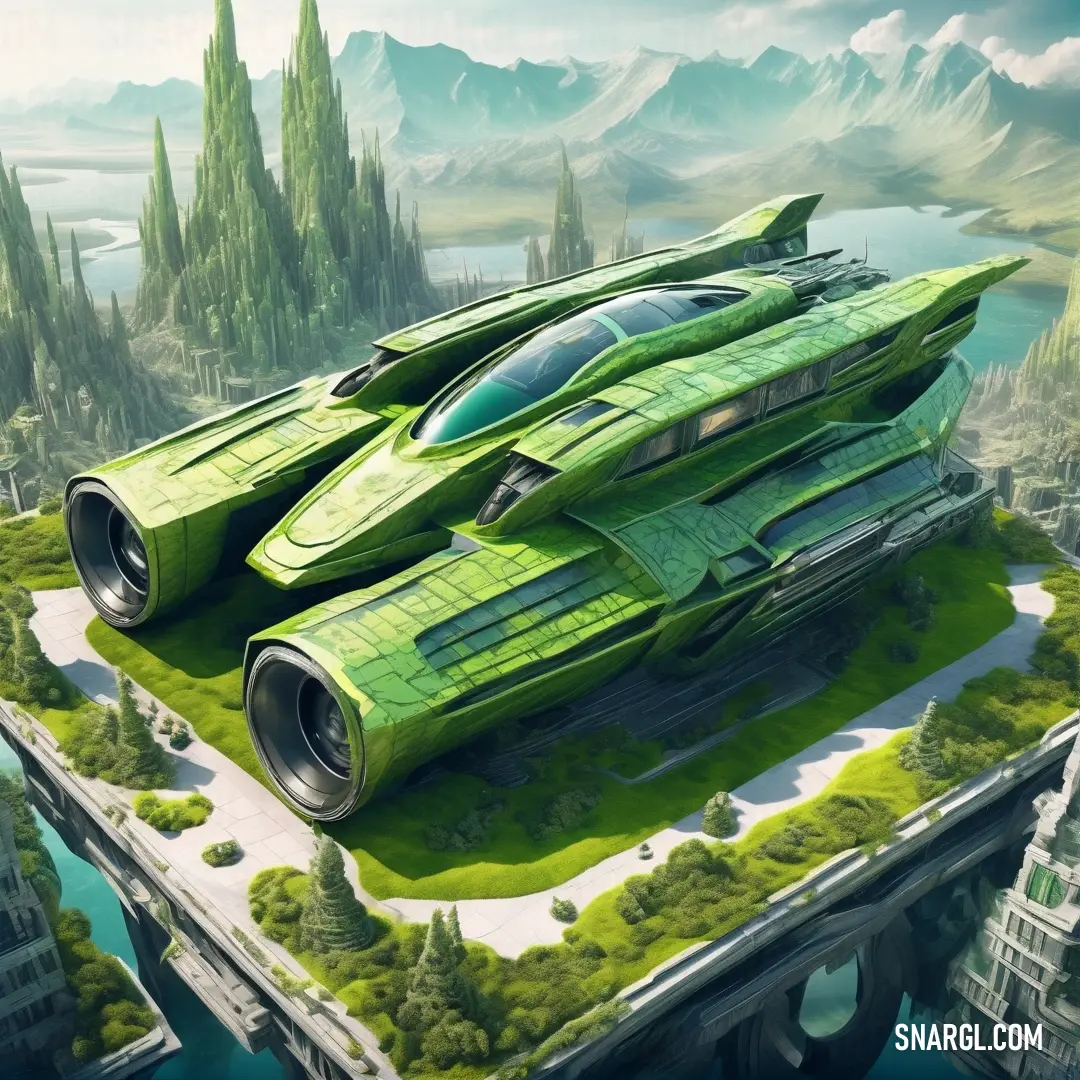 Futuristic green car is on a floating island in the middle of a city with tall buildings and trees. Color CMYK 62,0,98,35.