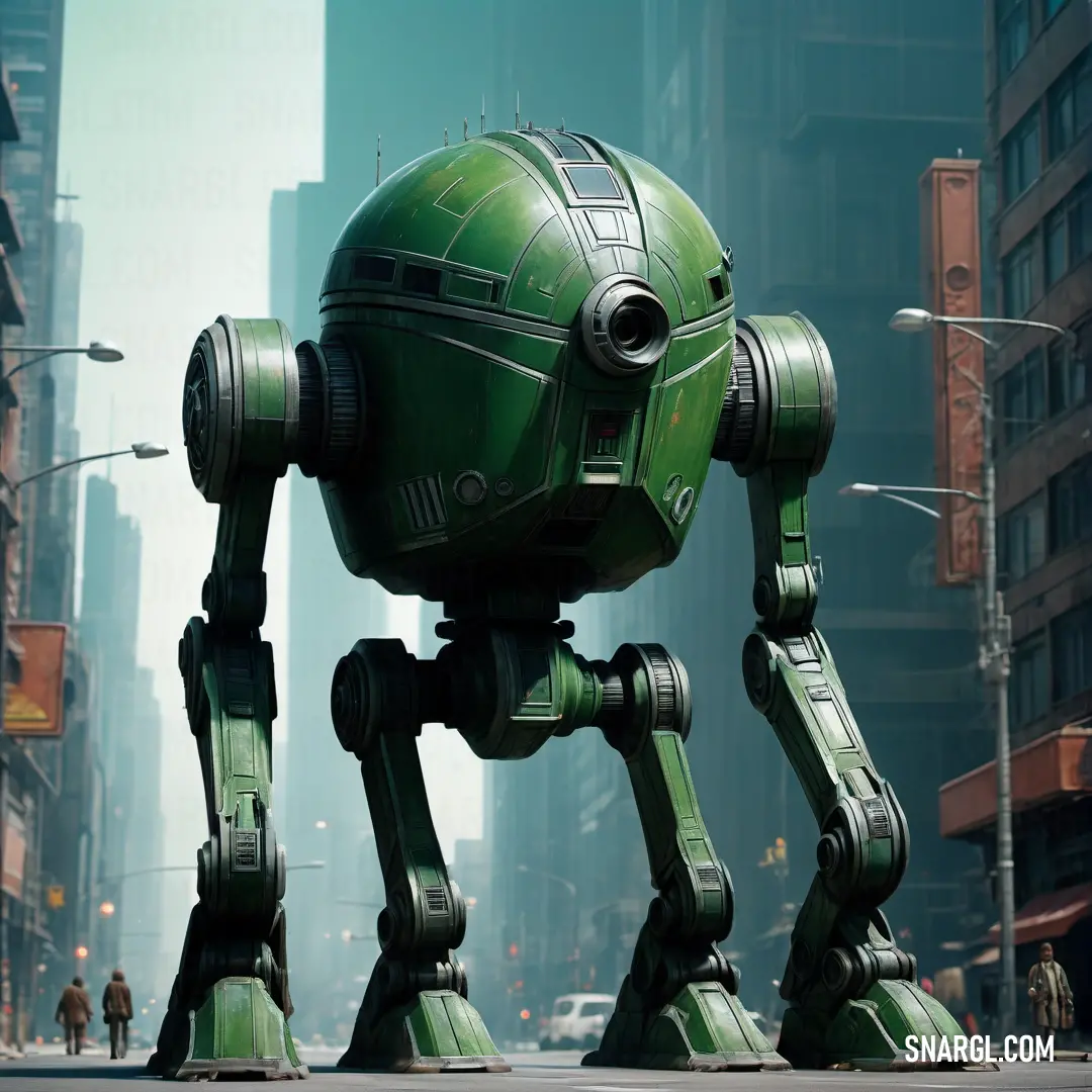 Green robot is standing in the middle of a city street with tall buildings in the background. Color PANTONE 2278.