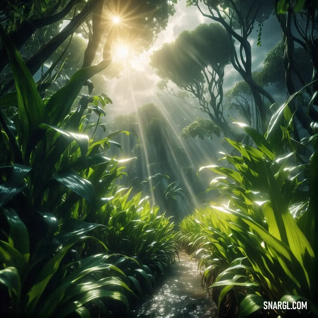 Sunbeam in the middle of a jungle with a stream running through it and lots of trees and plants. Color RGB 88,134,49.
