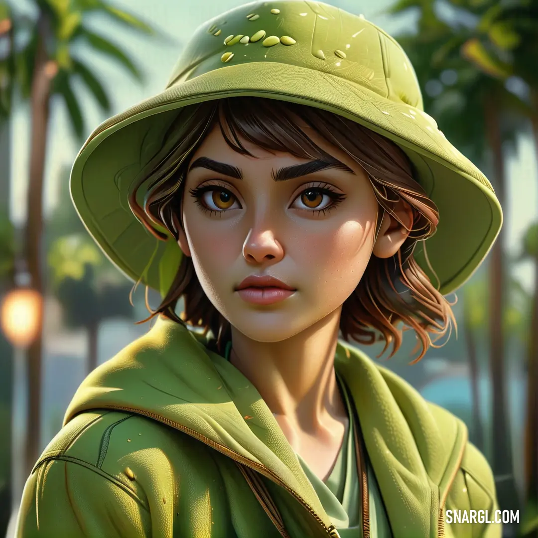 RGB 88,117,40. Painting of a woman wearing a green hat and green shirt with palm trees in the background and a street light