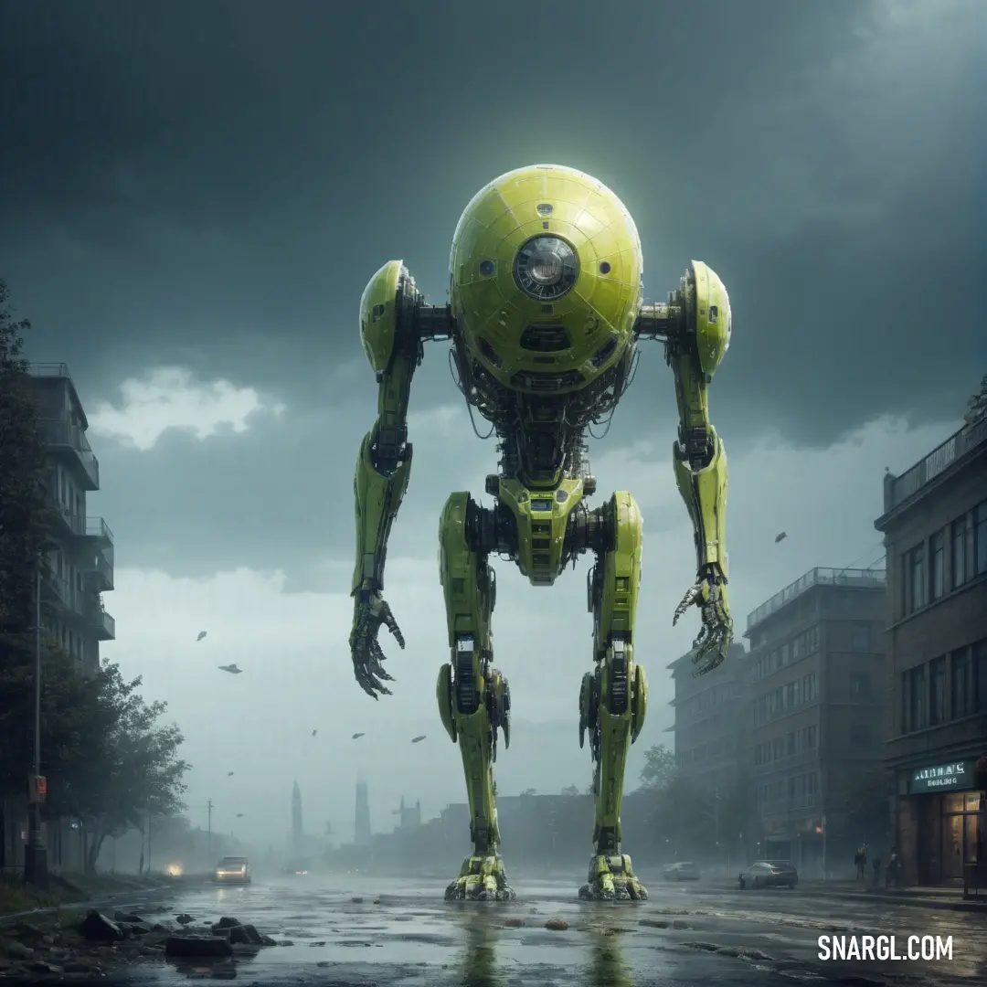 Robot standing in the middle of a street in a city with dark clouds in the background and a green light. Example of RGB 88,117,40 color.