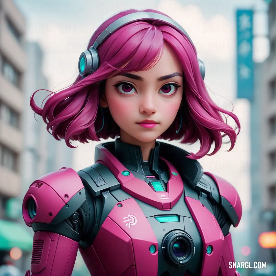 Cartoon character with pink hair and headphones on a city street with buildings in the background. Color CMYK 16,100,14,42.