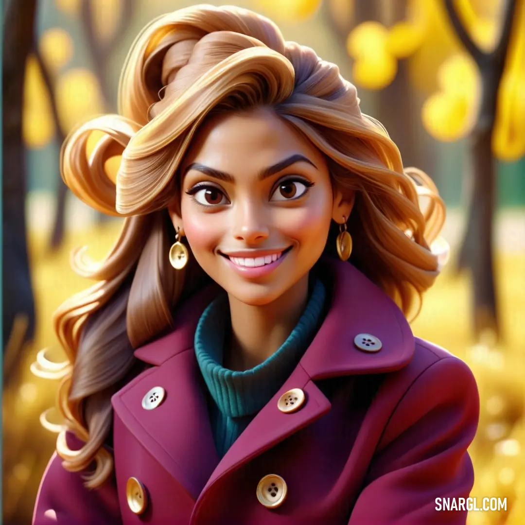 Cartoon of a woman in a purple coat smiling at the camera with a yellow background. Color RGB 143,32,84.