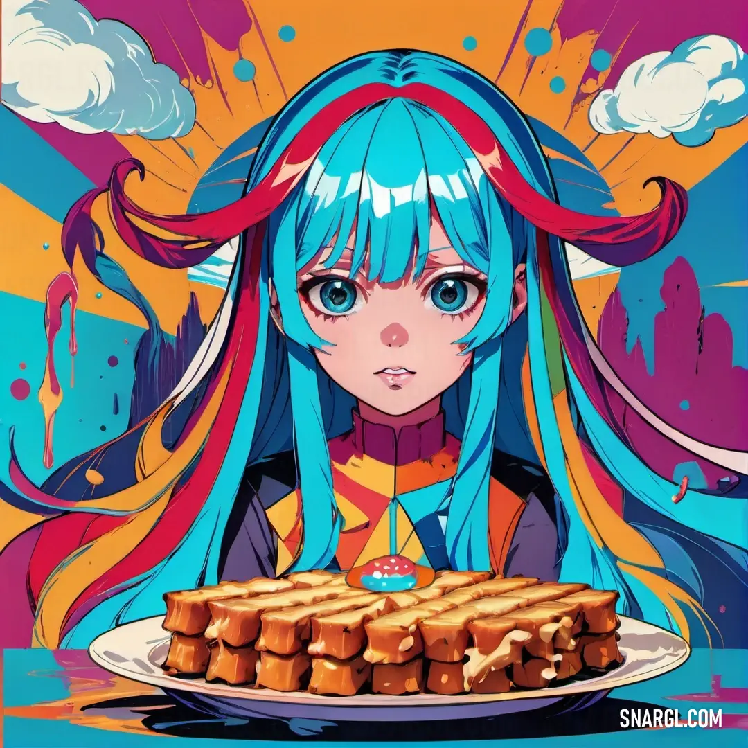 Girl with blue hair is holding a plate of food and looking at a cake with a candle on it. Example of RGB 143,32,84 color.