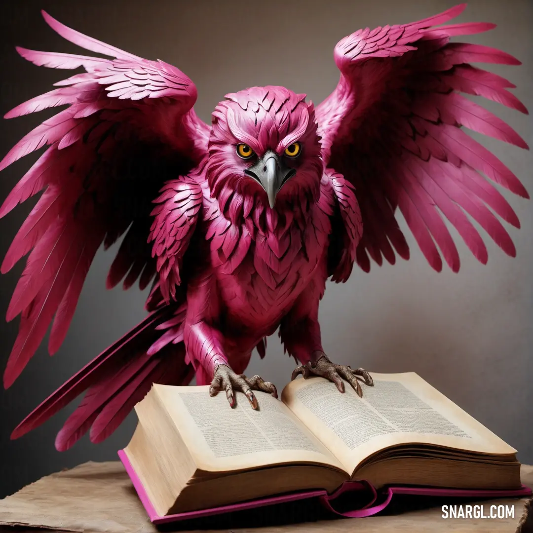 Pink bird with wings spread on an open book with its wings spread out and spread out. Example of RGB 143,32,84 color.