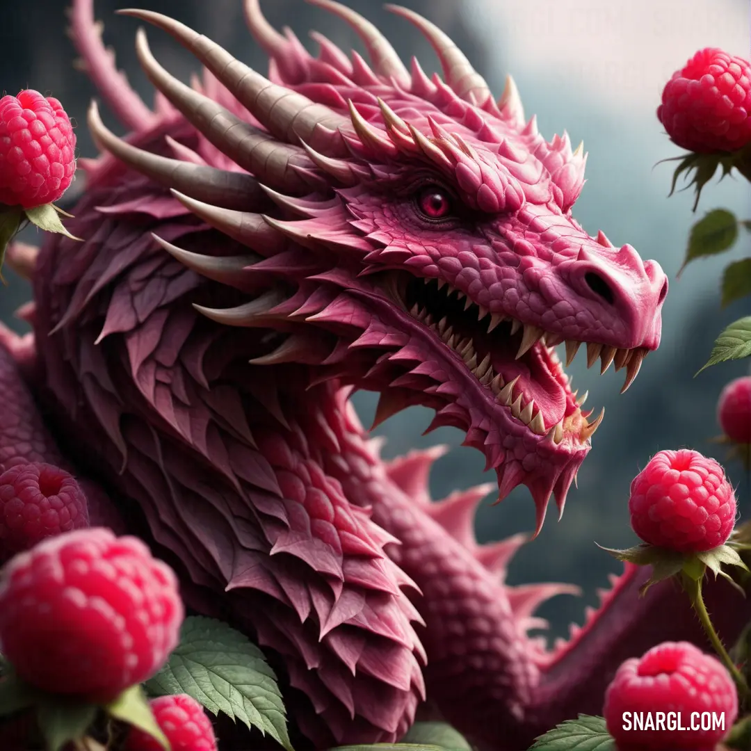 Pink dragon with long horns and large horns on it's head surrounded by raspberries and leaves. Color PANTONE 228.