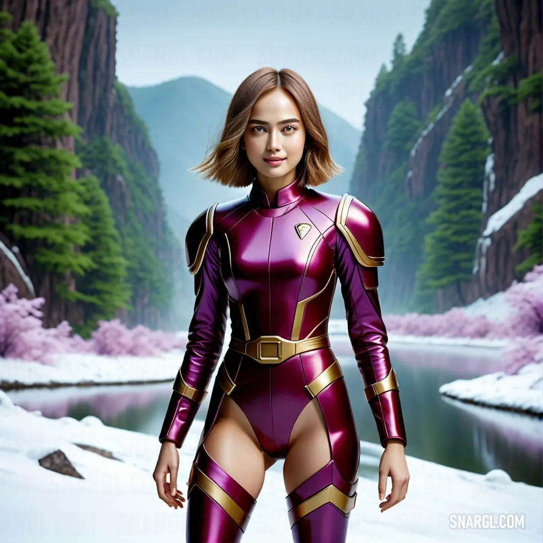 Woman in a purple suit standing in the snow with mountains in the background. Color CMYK 16,100,14,42.