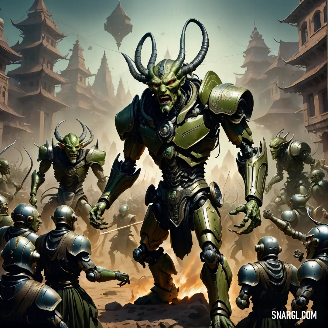 Group of warhammers in a battle with a demon in the background. Color RGB 72,106,36.