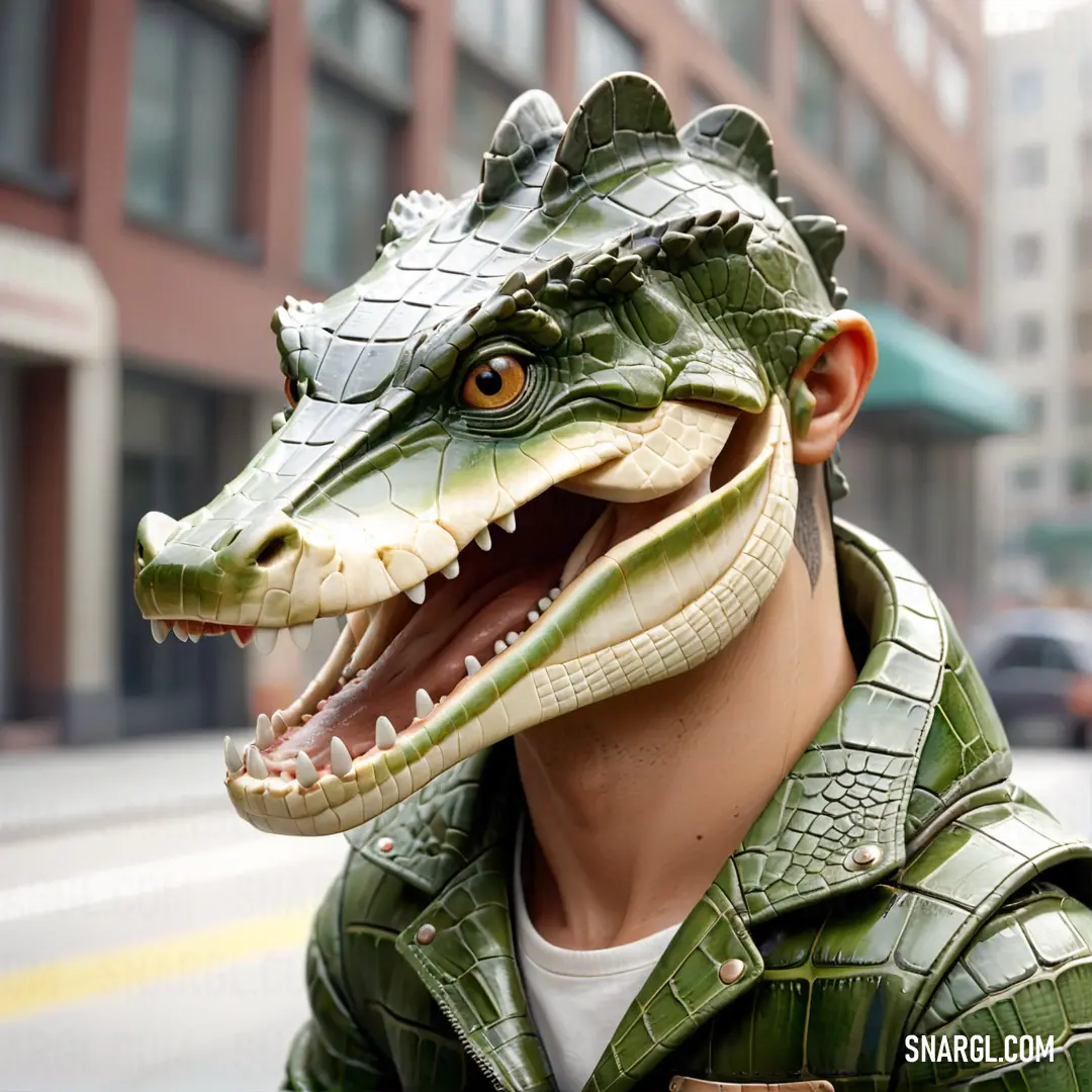 PANTONE 2280 color example: Man wearing a fake alligator head on his head and a green jacket on his head