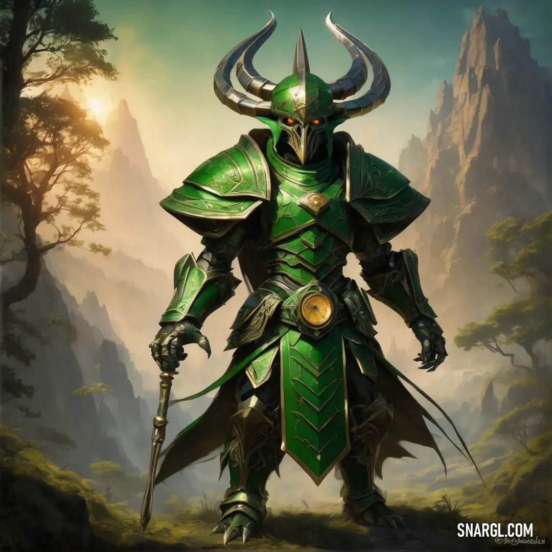 PANTONE 2280 color. Painting of a green knight with horns and a sword in his hand
