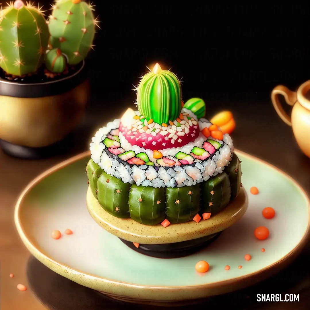 Small cake with a cactus on top of it on a plate next to a potted cactus and a teapot. Example of PANTONE 2280 color.