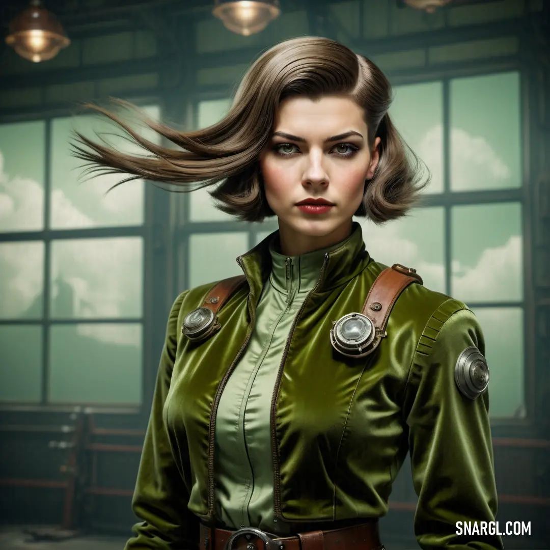 Woman with a green jacket and a brown belt is standing in front of a window with a sky background. Color CMYK 61,0,99,56.