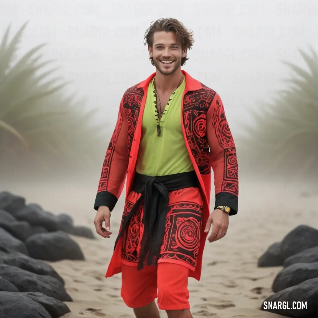 PANTONE 2282 color example: Man in a red and black robe walking on a beach with a green shirt on