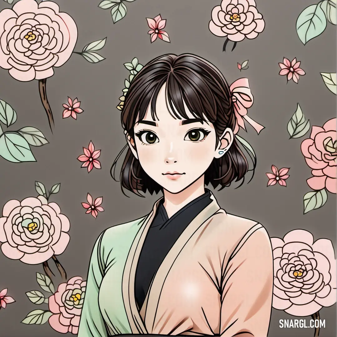 Woman in a kimono standing in front of flowers and roses on a wallpapered background. Example of PANTONE 2282 color.