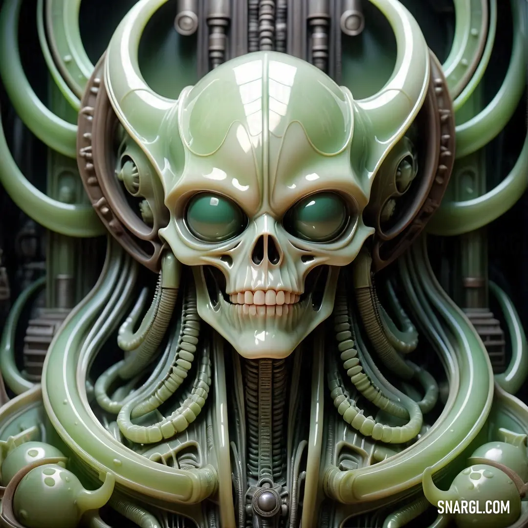 Green alien skull with a large head and large eyes and a mechanical body with a mechanical engine in the background