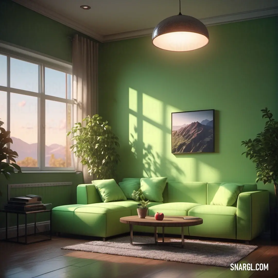 PANTONE 2283 color. Living room with a green couch and a table in it with a potted plant on the table