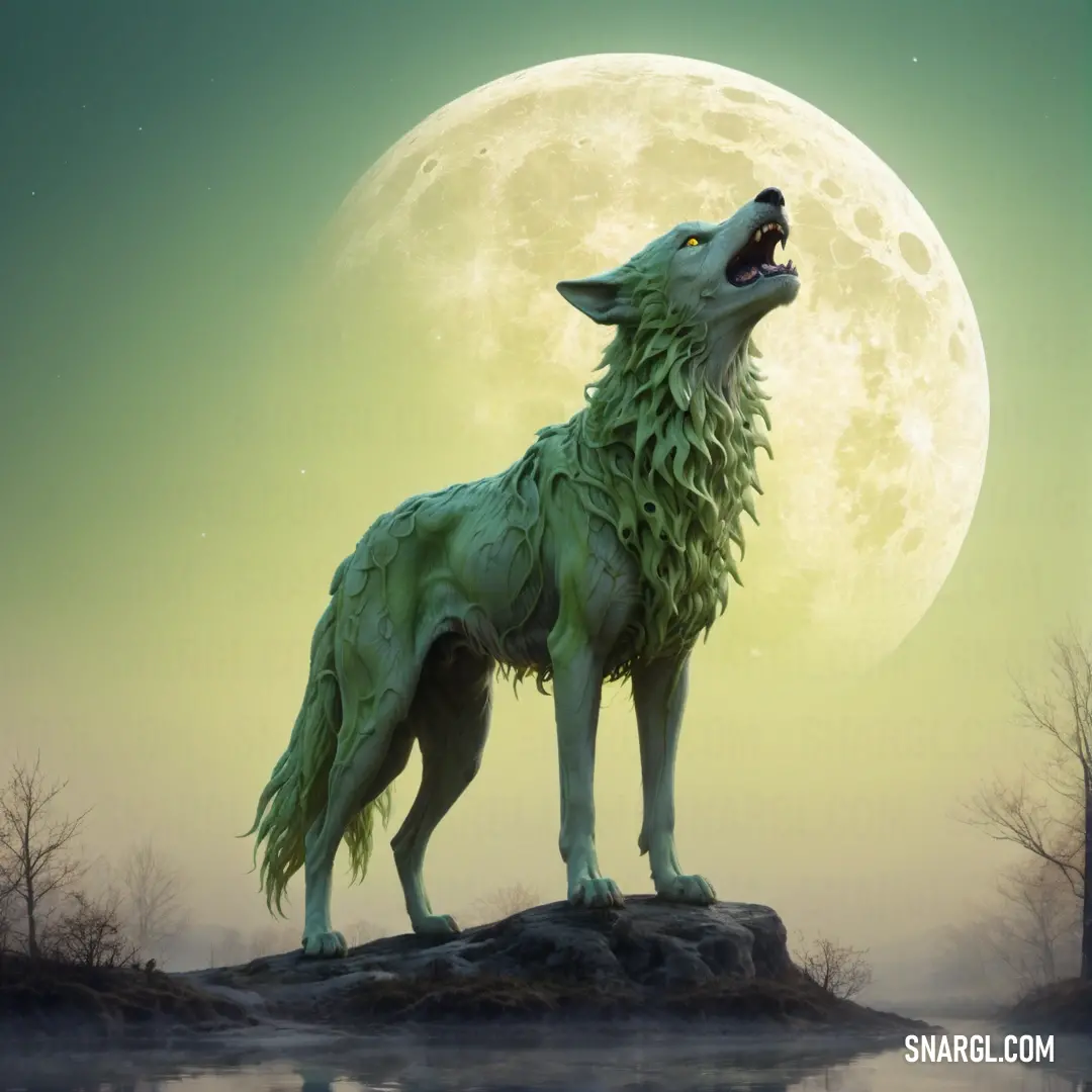 Wolf statue is standing on a rock in front of a full moon and a lake with trees in the foreground. Example of CMYK 35,0,61,0 color.