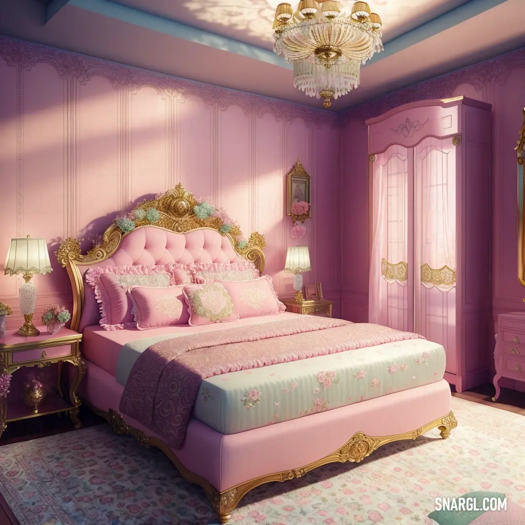 A cozy bedroom featuring a soft pink bed, an elegant chandelier, and a plush pink rug on the floor, creating a calming and welcoming atmosphere in every corner.