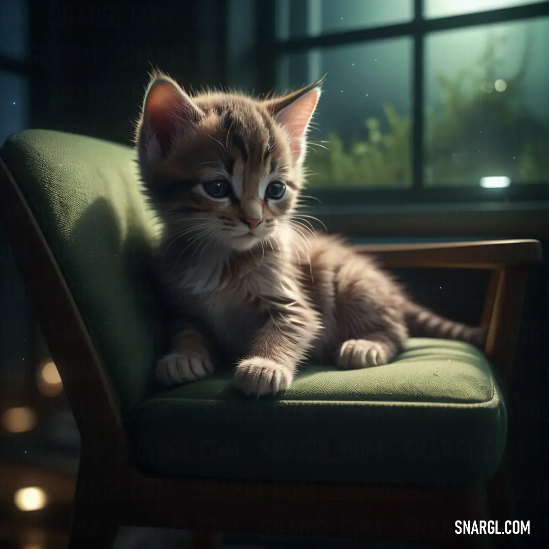Kitten on a green chair looking at the camera with a blurry background of a window and a plant. Color PANTONE 2284.