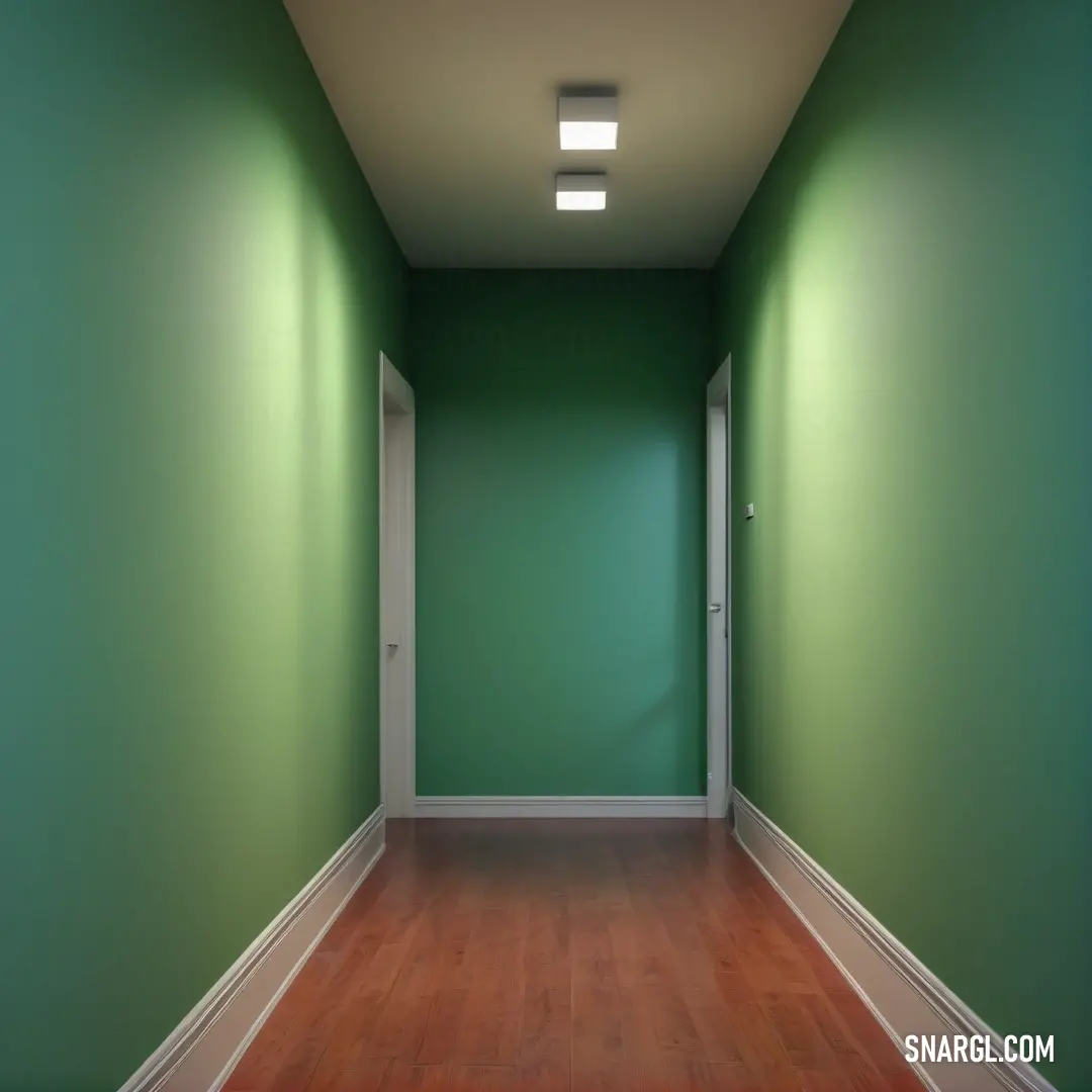 A long hallway with a calming green wall, a sleek white door, and an elegant light fixture hanging from the ceiling. The wooden floor adds warmth and character, making this space feel both inviting and stylish.