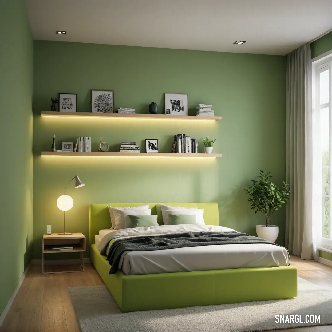 A cozy bedroom with a soothing green wall, complemented by a bed featuring a matching green headboard. A soft white rug covers the floor, enhancing the calm atmosphere of the room. The natural light brings out the gentle hues, creating a peaceful retreat.