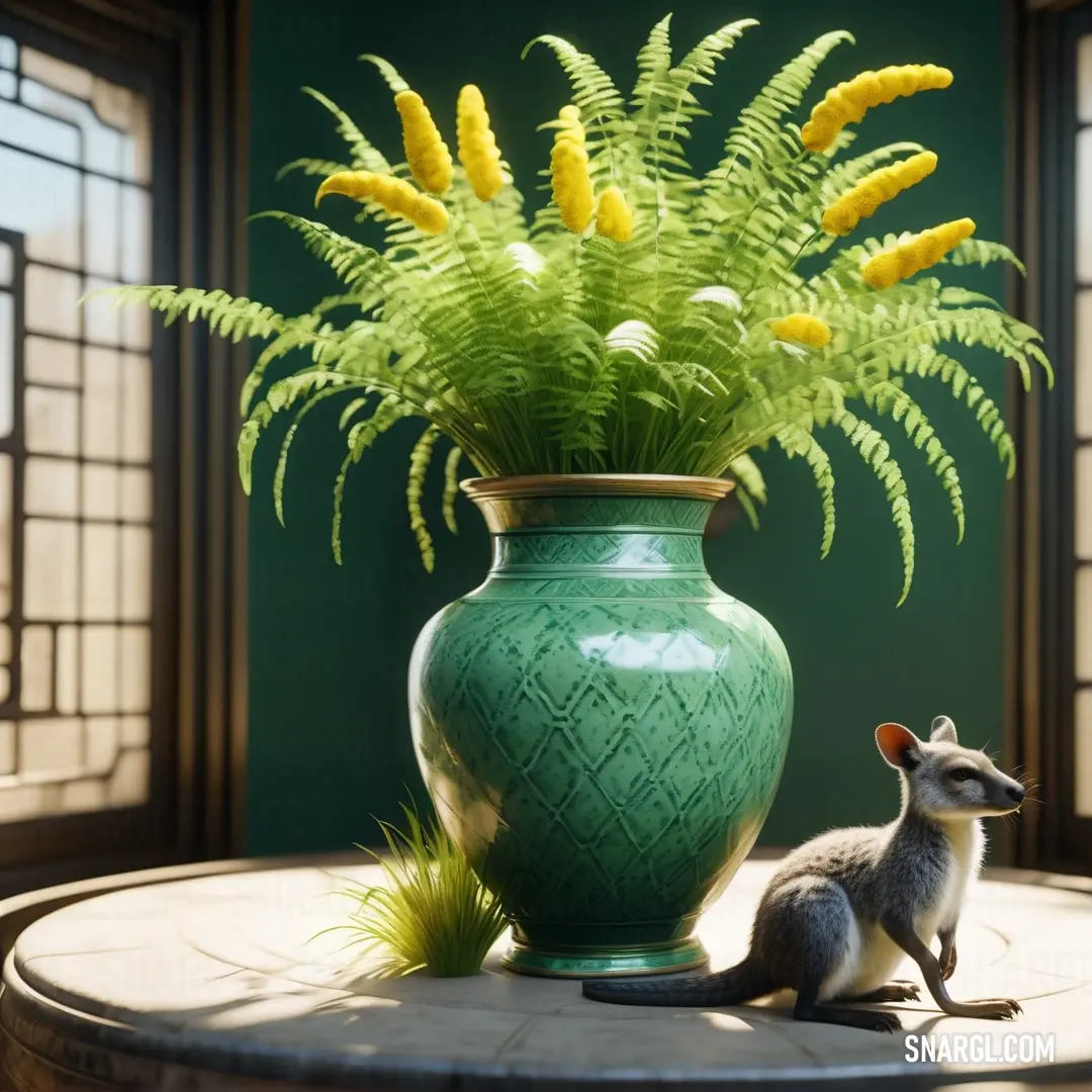 A lush green vase featuring a vibrant plant rests on a table, beside a charming small animal, harmonizing nature's colors and enhancing the home decor with a touch of creativity and whimsy.