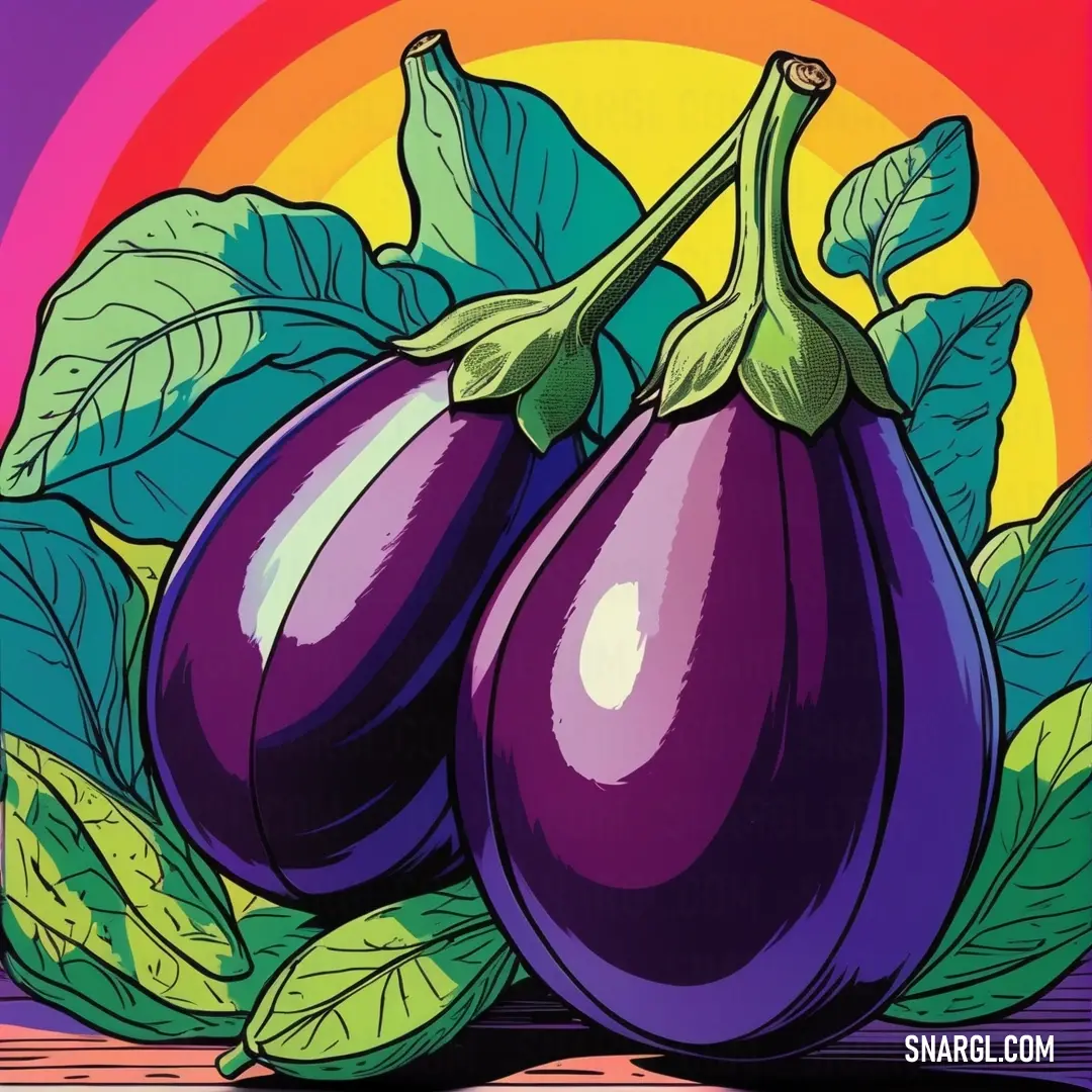 A colorful composition features two eggplants adorned with lush leaves, set against a vibrant backdrop. The playful arrangement of shapes and colors creates a lively atmosphere, bringing a touch of whimsy to the depiction of these fresh, garden-fresh vege