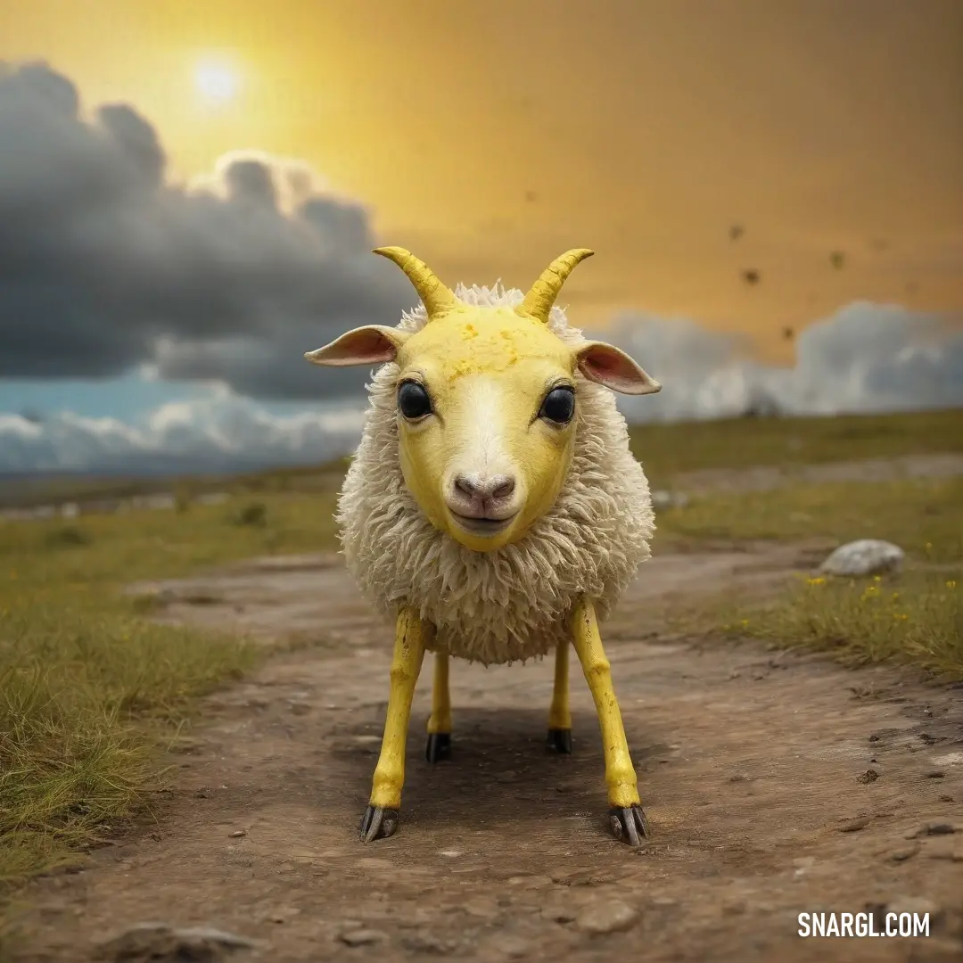 A unique sheep with striking yellow legs grazes peacefully on a dirt road, surrounded by lush fields under a softly clouded sky. Its warm color contrasts beautifully with the earthy tones of the landscape, creating a serene scene of rural charm.