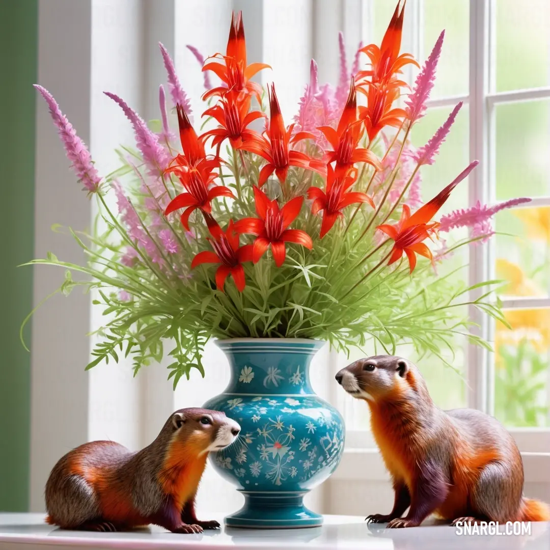 Two adorable small animals relax next to a charming vase filled with colorful flowers, with sunlight streaming in from a nearby window, creating a picturesque and heartwarming setting.