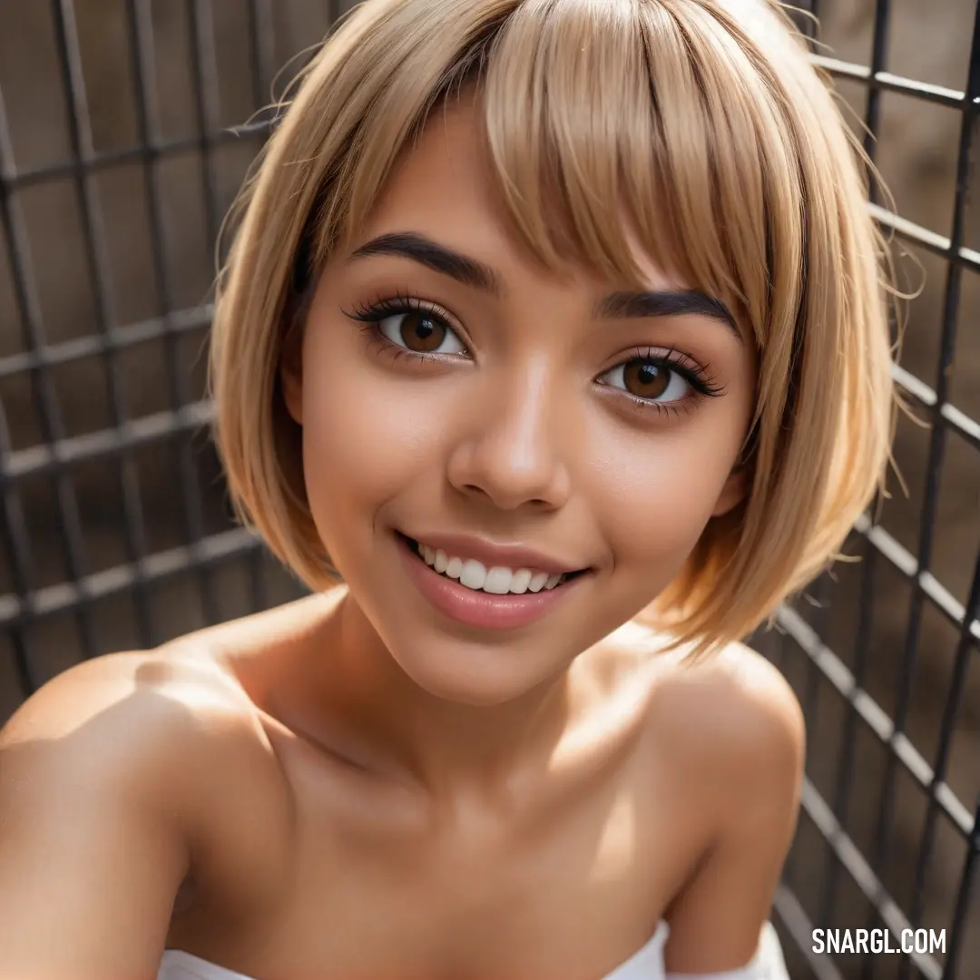 A woman with a chic short bob and a bright smile wears a white shirt draped over her shoulders, her joyful expression bringing a light and refreshing energy.