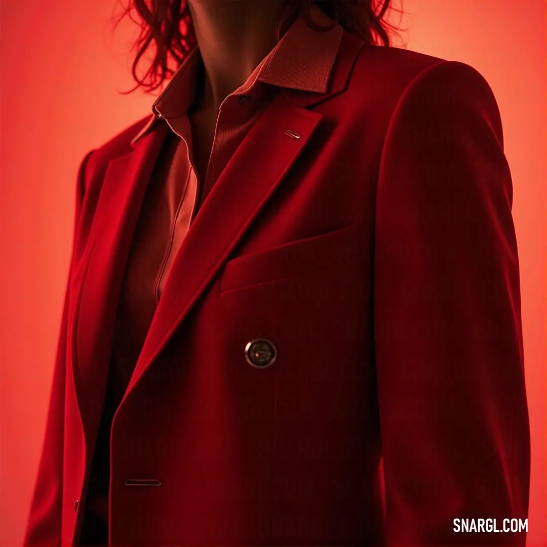 A captivating woman enveloped in a vivid red suit, set against a passion-filled background of PANTONE 2284 color. Her striking presence commands attention, exuding confidence and elegance.