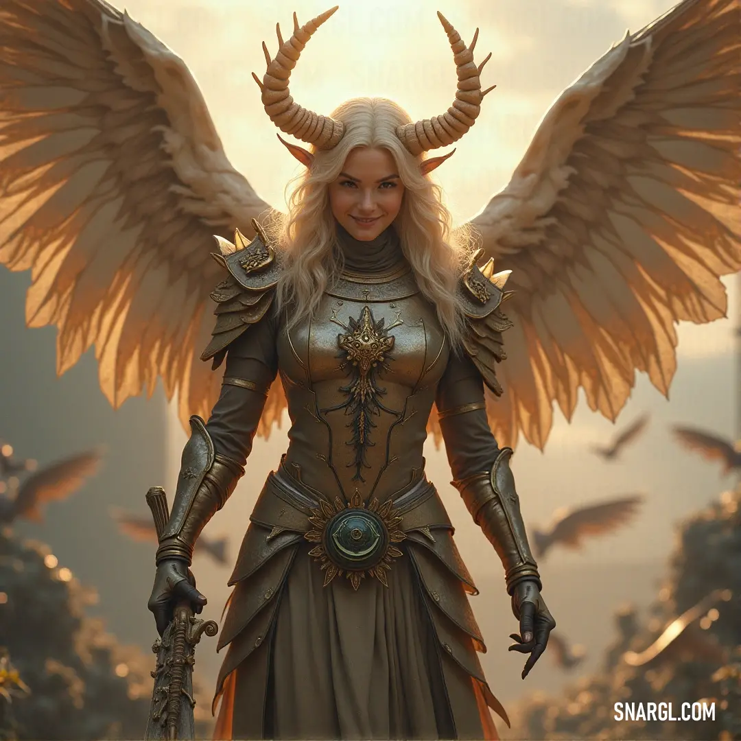 A powerful and ethereal woman stands with her arms open, adorned with magnificent wings and wielding a sword, all set against a mystical background colored in soft hues of #B9D18E. She embodies strength and grace in harmony.