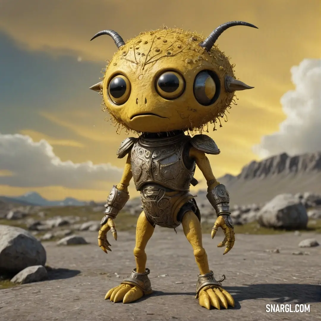 A whimsical yellow alien stands confidently on a rocky surface, with majestic mountains rising dramatically in the background. Its oversized eyes reflect curiosity and wonder as it takes in the extraordinary landscape that surrounds it.